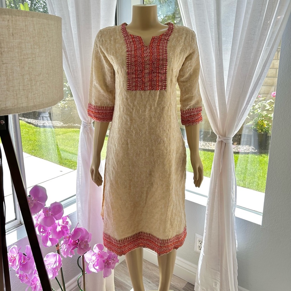 Neerus Dress India Beige Paisley Midi Tunic Size L Large Side Slit